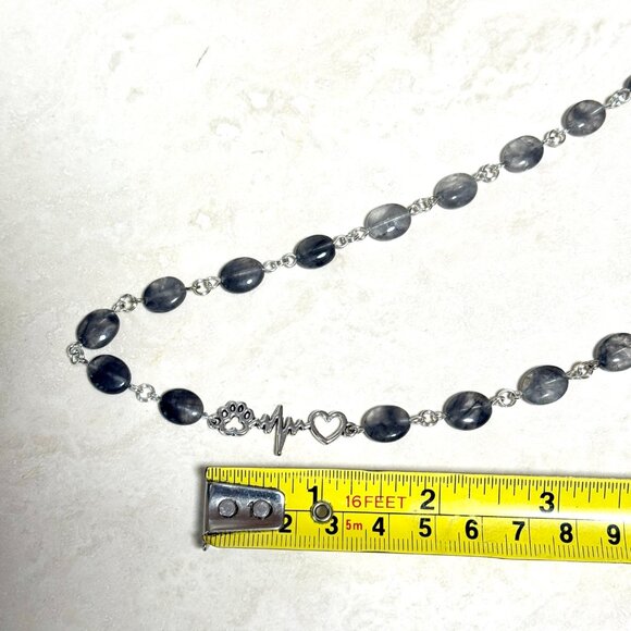 Genuine Grey Tourmalinated Quartz Short Necklace,Gemstone & Paw Print Heart Beat - Picture 12 of 14